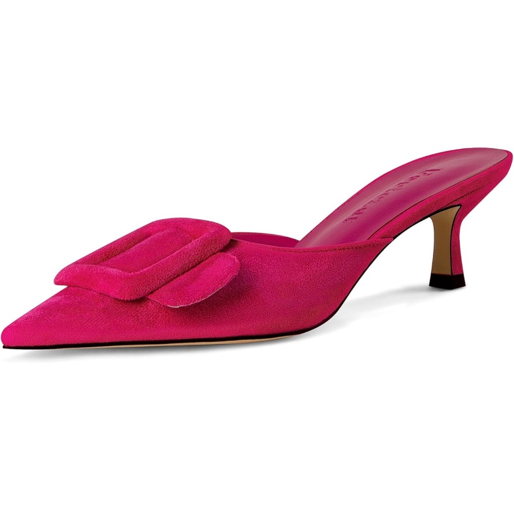 Fericzot Slingback Pointed Toe Buckle Pumps with Kitten Heel in Hot Pink Size 7